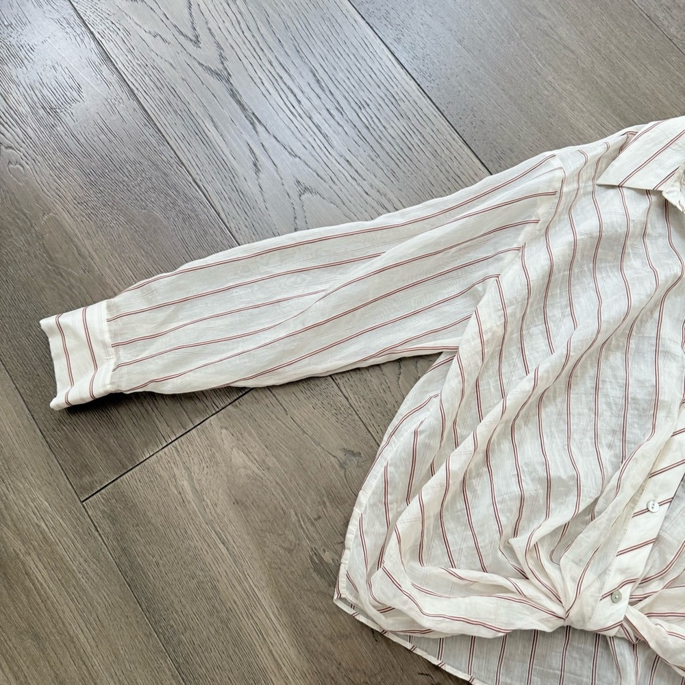 NWT Zara Cream and Red Striped Sheer Top Knotted Hem Medium - Picture 3 of 12